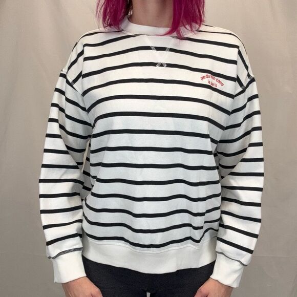 H&M Women's Striped Pullover Sweatshirt Oversized Fit M Med Medium Ivory Black - Picture 1 of 12